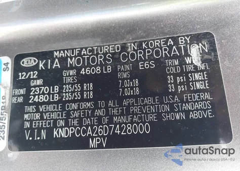 2013 Kia Sportage Ex z USA, uszkodzony, nr VIN KNDPCCA26D7428000